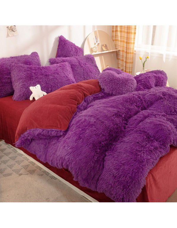 Mink four piece warm and comfortable princess style long plush three piece solid color bed sheet