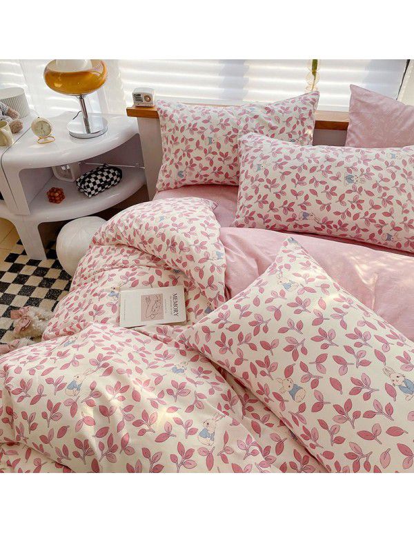 Ins style pure cotton bedding four piece set 100 cotton cartoon dormitory bed sheet three piece set children's fitted sheet quilt cover