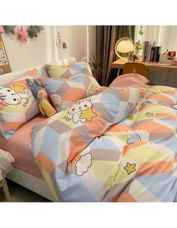 Autumn and Winter 60 Thread Count Countryside Small Fresh Cotton Long staple Cotton Print 4-Piece Flat Sheet Quilt Cover Pillow Case Washing Kit