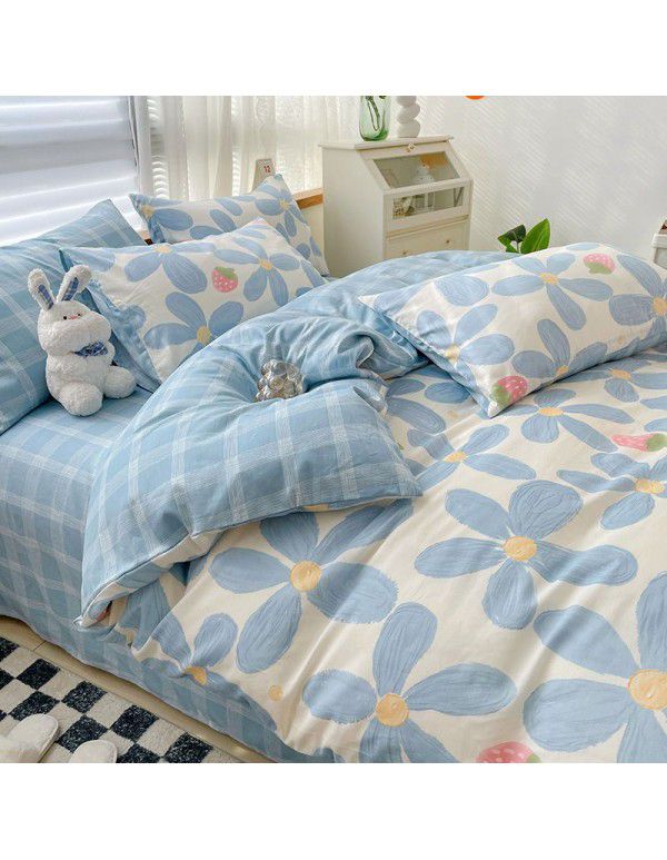 Ins style pure cotton bedding four piece set 100 cotton cartoon dormitory bed sheet three piece set children's fitted sheet quilt cover