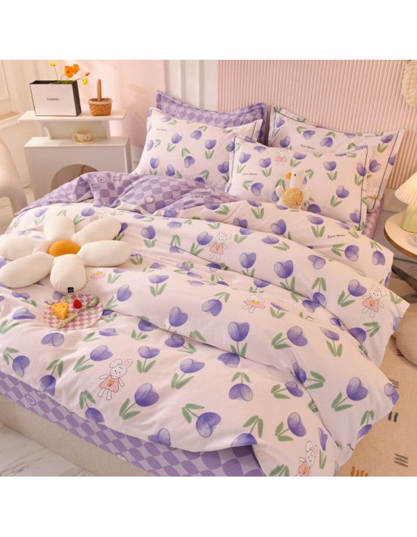 Thickened warm keeping pure cotton buffed four piece cotton quilt cover sheet 1.5/1.8m simple three piece bedding set