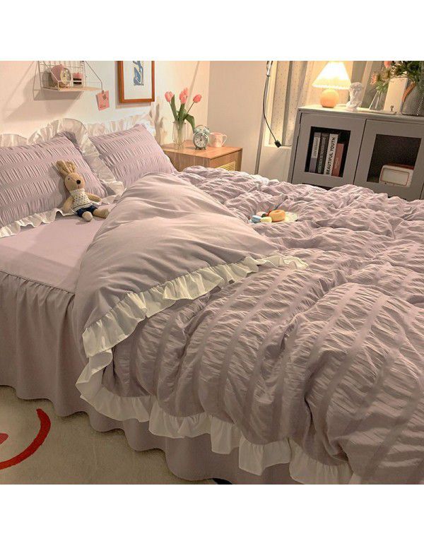 Bedding sheet quilt cover 4-piece water washed cotton bed princess wind lotus leaf edge bedspread pleated quilt bed skirt bedding