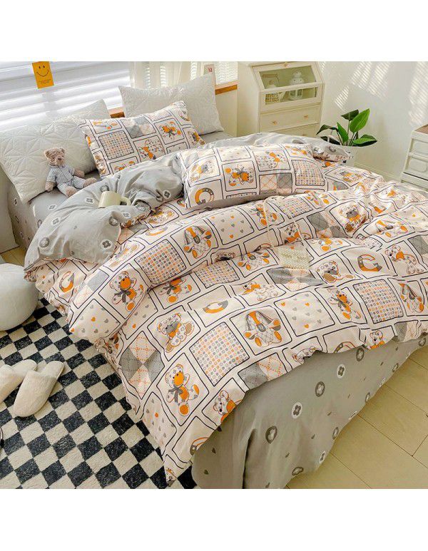 Ins style pure cotton bedding four piece set 100 cotton cartoon dormitory bed sheet three piece set children's fitted sheet quilt cover