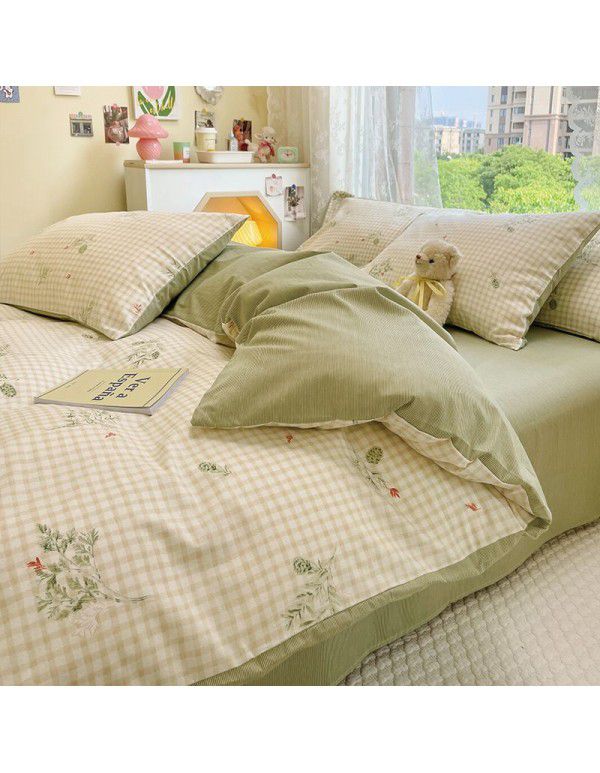 Ins wind pure cotton 100% cotton four piece bed set floral mesh red bed quilt cover sheet three piece fitted sheet