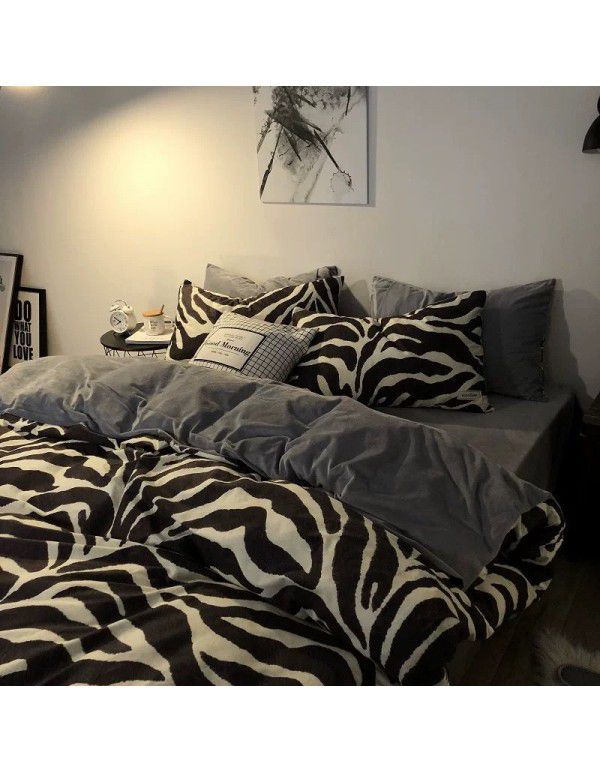 Net red ins zebra pattern quilt cover, 4-piece washable cotton set, simple black and white twin bedding, 3-piece dormitory set