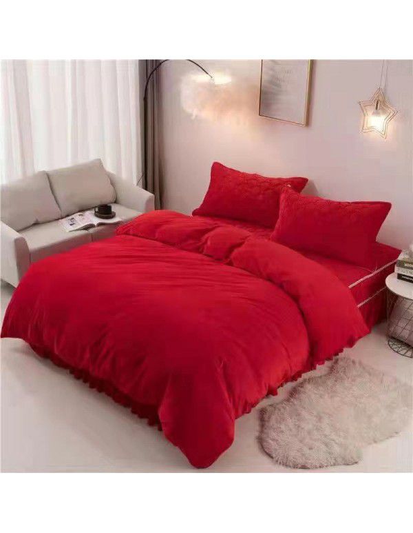 Solid crystal velvet quilt cover 4-piece set single flannel bed sheet double quilt cover thickened thermal coral velvet pad winter