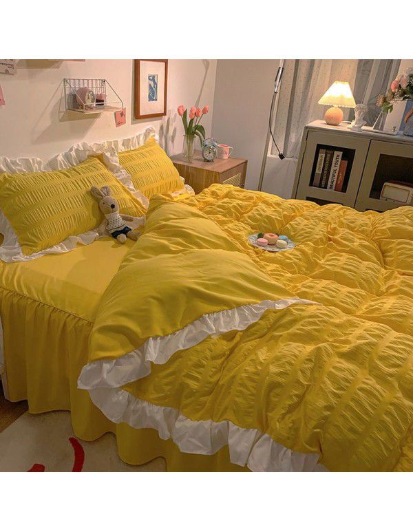 Bedding sheet quilt cover 4-piece water washed cotton bed princess wind lotus leaf edge bedspread pleated quilt bed skirt bedding