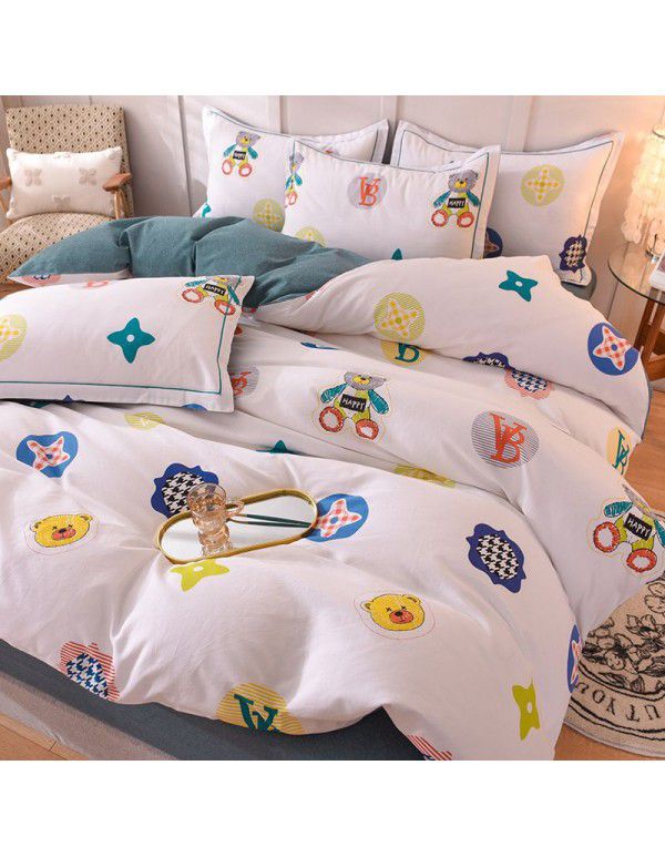 Thickened warm keeping pure cotton buffed four piece cotton quilt cover sheet 1.5/1.8m simple three piece bedding set