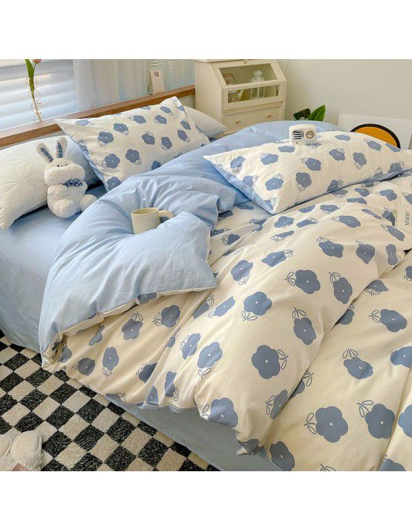 Ins style pure cotton bedding four piece set 100 cotton cartoon dormitory bed sheet three piece set children's fitted sheet quilt cover