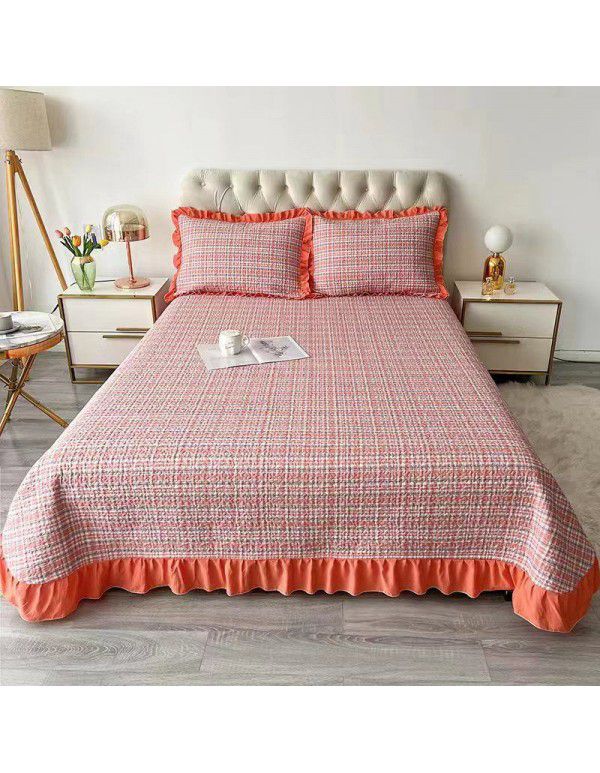  New combed yarn dyed washed cotton bed cover three piece high quilted embroidery flat board classic plaid