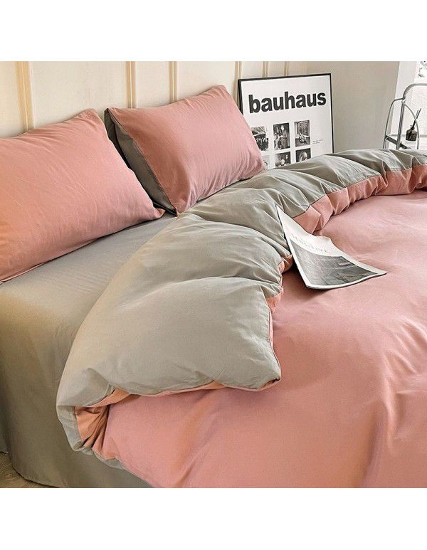 Ins style simple four piece set solid color washed cotton student dormitory three piece bed sheet quilt cover bedding wholesale