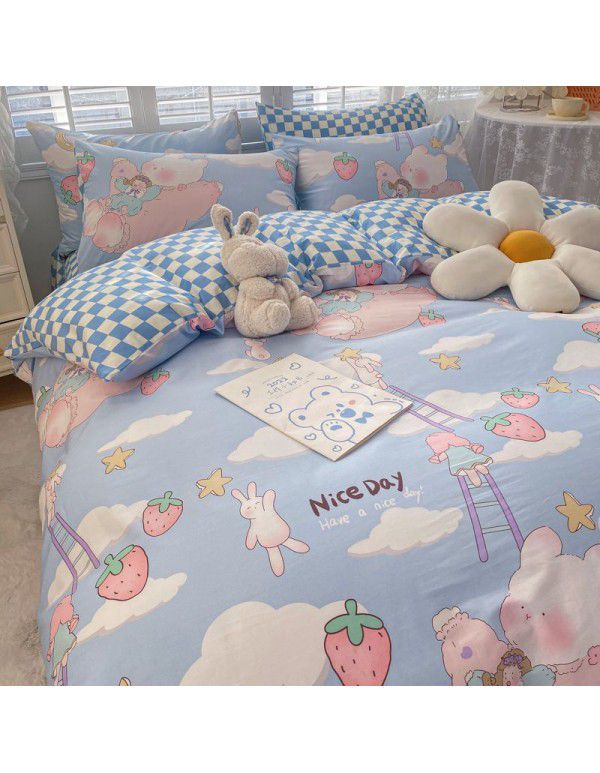  spring new ins cartoon pure cotton bedding four piece cotton children's sheet quilt cover three piece set