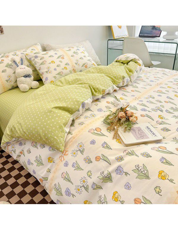 Ins style pure cotton bedding four piece set 100 cotton cartoon dormitory bed sheet three piece set children's fitted sheet quilt cover