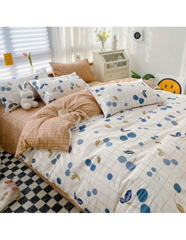 Ins style pure cotton bedding four piece set 100 cotton cartoon dormitory bed sheet three piece set children's fitted sheet quilt cover