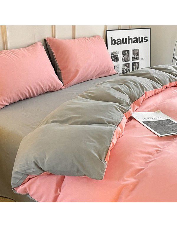 Ins style simple four piece set solid color washed cotton student dormitory three piece bed sheet quilt cover bedding wholesale