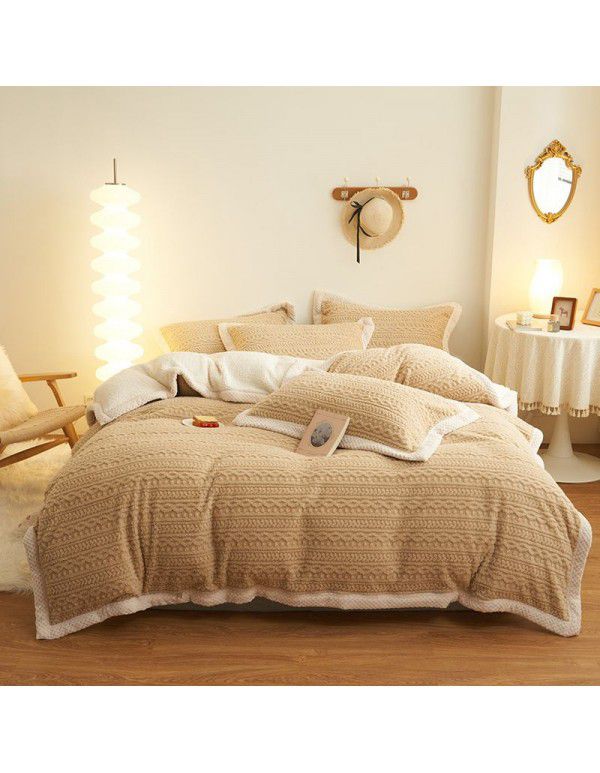 Winter taff cashmere four piece set solid thickened warm bed sheet quilt cover double-sided A cashmere simple bed