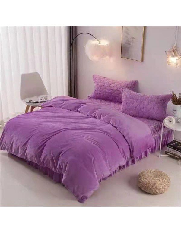 Solid crystal velvet quilt cover 4-piece set single flannel bed sheet double quilt cover thickened thermal coral velvet pad winter