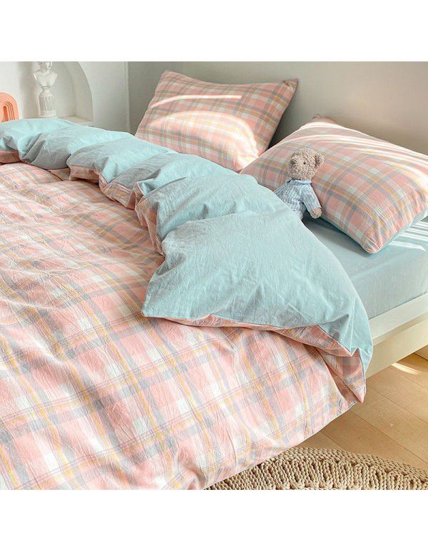 Cotton wash cotton bed four piece set 100 cotton summer Japanese simple bed linen three piece set white quilt cover sheet 4