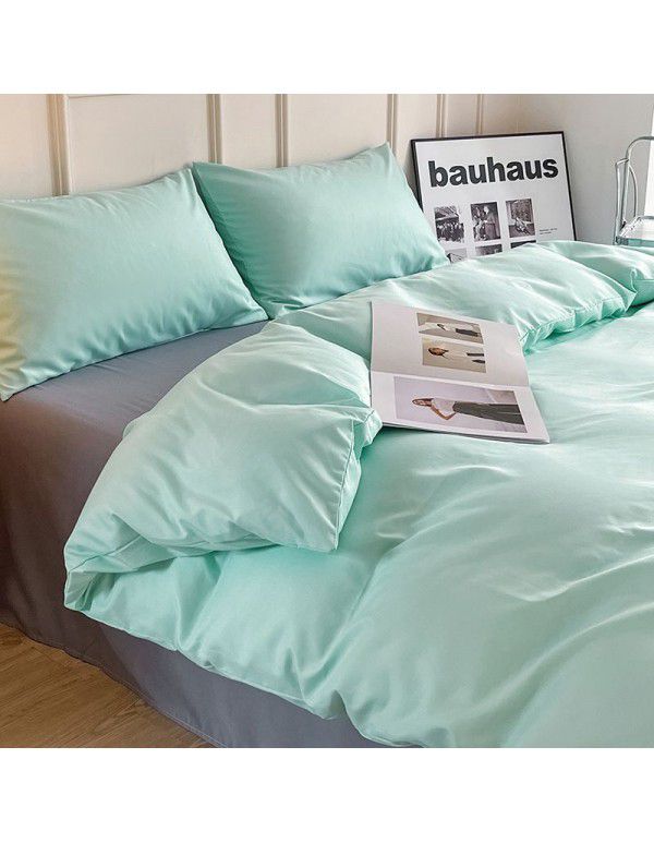 Ins style simple four piece set solid color washed cotton student dormitory three piece bed sheet quilt cover bedding wholesale