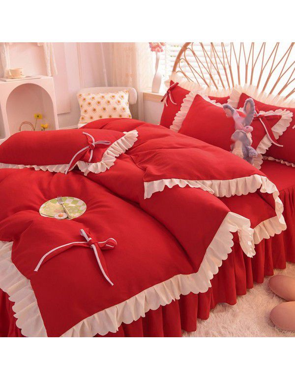 Wedding red four piece set, newly married light luxury bed sheet, quilt cover, net red wedding bedding, spring and autumn style