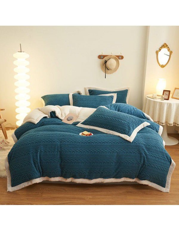 Winter taff cashmere four piece set solid thickened warm bed sheet quilt cover double-sided A cashmere simple bed