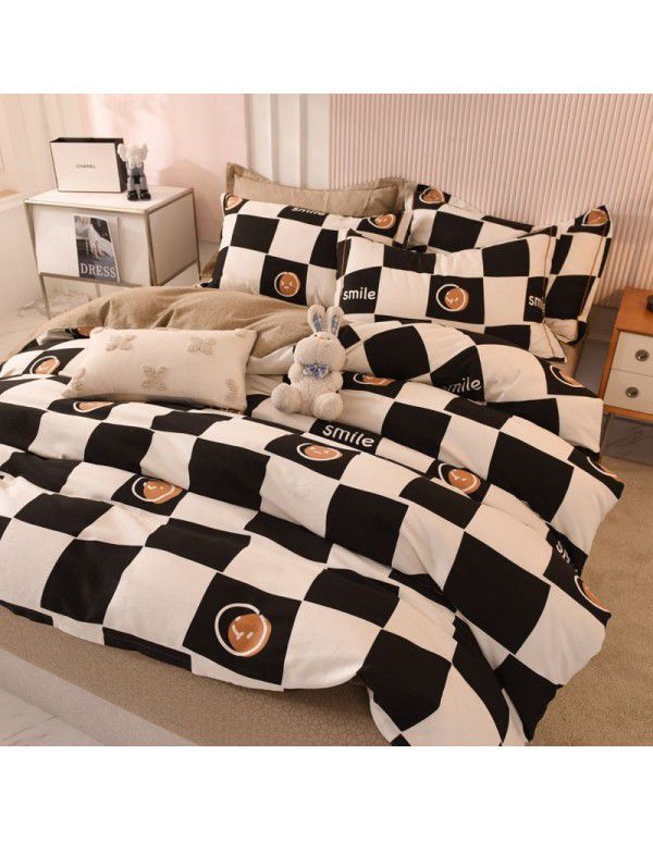 Thickened warm keeping pure cotton buffed four piece cotton quilt cover sheet 1.5/1.8m simple three piece bedding set