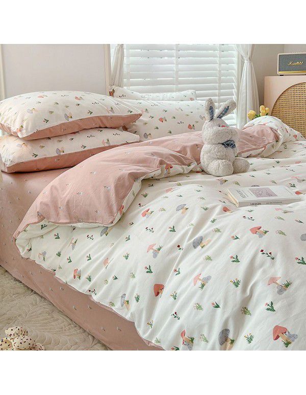 Ins style pure cotton bedding four piece set 100 cotton cartoon dormitory bed sheet three piece set children's fitted sheet quilt cover