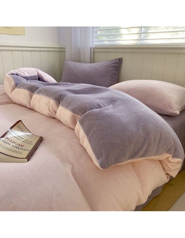 Solid color mixed with winter thickened milk velvet four piece set warm coral velvet bed sheet quilt cover fitted sheet wholesale