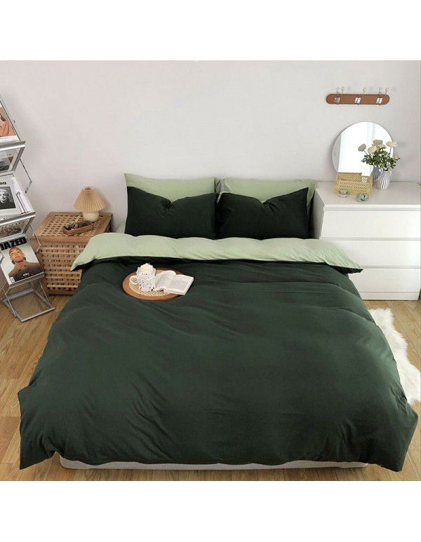 Autumn and winter new color contrast knitted cotton four piece set simple plain color quilt cover pillowcase bed sheet fitted sheet set wholesale