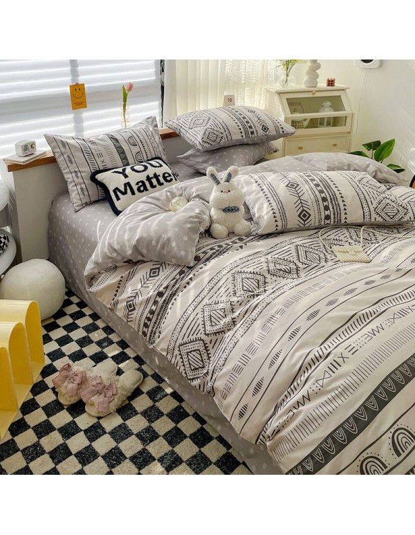 Ins style pure cotton bedding four piece set 100 cotton cartoon dormitory bed sheet three piece set children's fitted sheet quilt cover