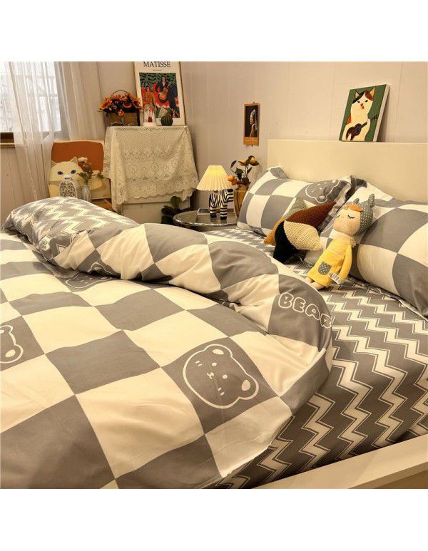 Net red ins zebra pattern quilt cover, 4-piece washable cotton set, simple black and white twin bedding, 3-piece dormitory set