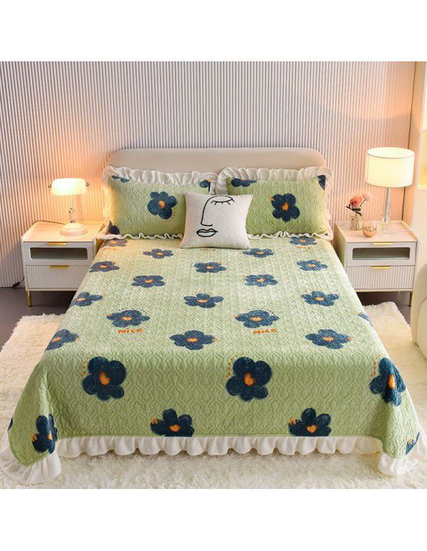 Cream wind milk velvet bed cover 3-piece set Korean lace bedspread cotton clip slip slip single bed cover coral velvet bed sheet winter