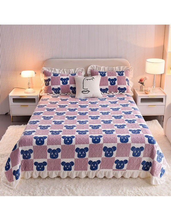 Cream wind milk velvet bed cover 3-piece set Korean lace bedspread cotton clip slip slip single bed cover coral velvet bed sheet winter