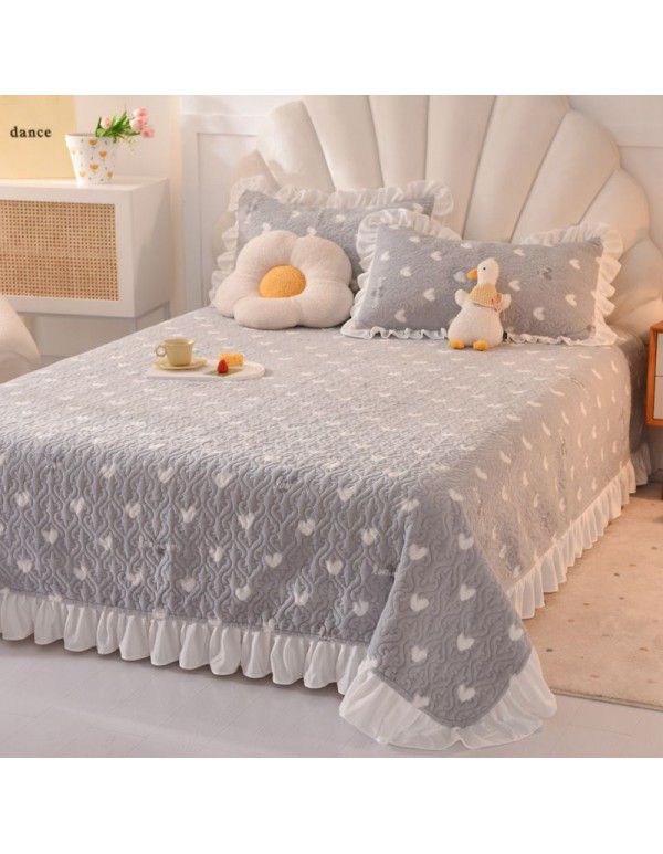 Cream wind milk velvet bed cover 3-piece set Korean lace bedspread cotton clip slip slip single bed cover coral velvet bed sheet winter