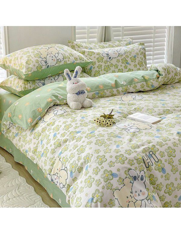 Ins style pure cotton bedding four piece set 100 cotton cartoon dormitory bed sheet three piece set children's fitted sheet quilt cover