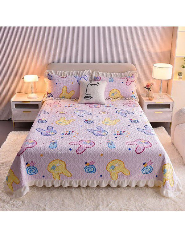 Cream wind milk velvet bed cover 3-piece set Korean lace bedspread cotton clip slip slip single bed cover coral velvet bed sheet winter