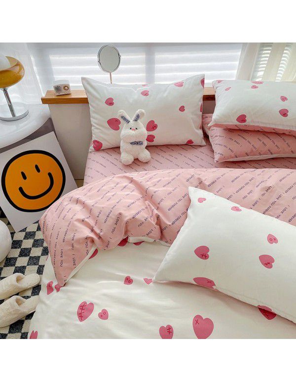 Ins style pure cotton bedding four piece set 100 cotton cartoon dormitory bed sheet three piece set children's fitted sheet quilt cover