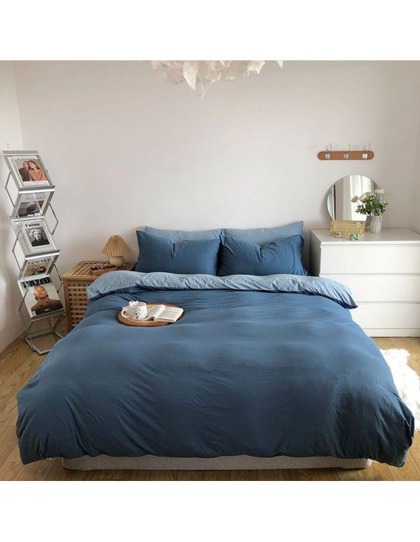 Autumn and winter new color contrast knitted cotton four piece set simple plain color quilt cover pillowcase bed sheet fitted sheet set wholesale