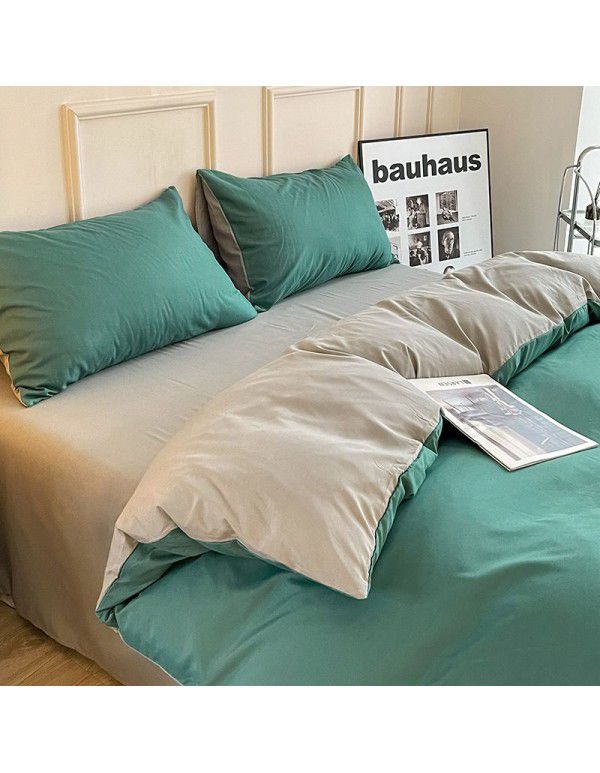 Ins style simple four piece set solid color washed cotton student dormitory three piece bed sheet quilt cover bedding wholesale