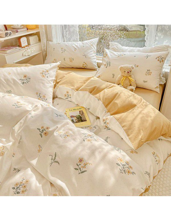 Ins wind pure cotton 100% cotton four piece bed set floral mesh red bed quilt cover sheet three piece fitted sheet