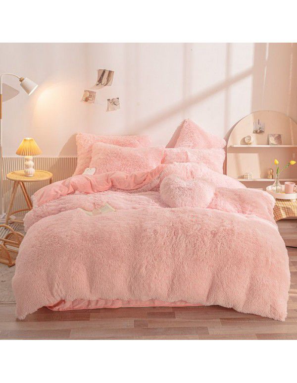 Mink four piece warm and comfortable princess style long plush three piece solid color bed sheet