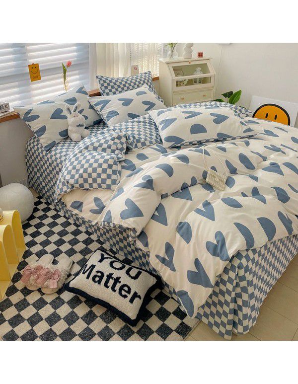 Ins style pure cotton bedding four piece set 100 cotton cartoon dormitory bed sheet three piece set children's fitted sheet quilt cover