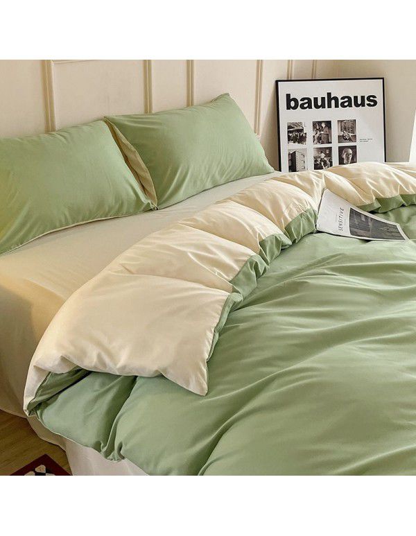 Ins style simple four piece set solid color washed cotton student dormitory three piece bed sheet quilt cover bedding wholesale