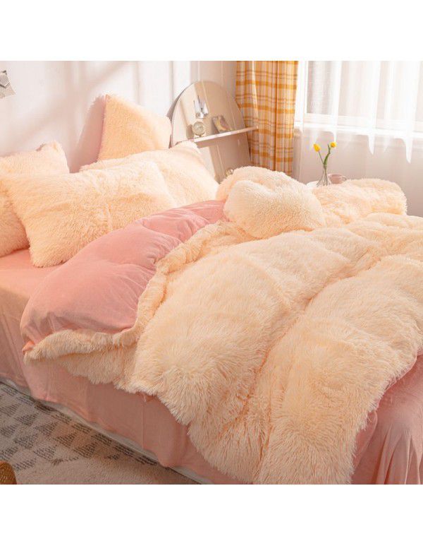 Mink four piece warm and comfortable princess style long plush three piece solid color bed sheet