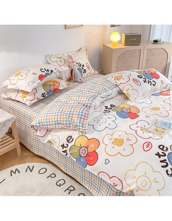 Cotton brushed four piece fitted sheet small fresh thickened sheet quilt cover three piece bedding gift wholesale