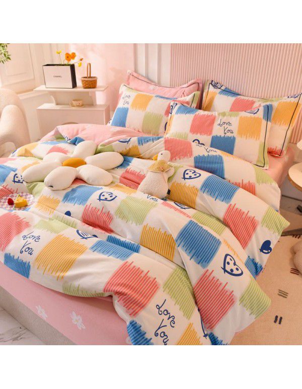 Thickened warm keeping pure cotton buffed four piece cotton quilt cover sheet 1.5/1.8m simple three piece bedding set