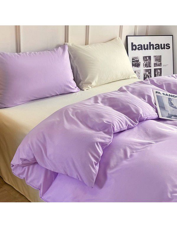 Ins style simple four piece set solid color washed cotton student dormitory three piece bed sheet quilt cover bedding wholesale