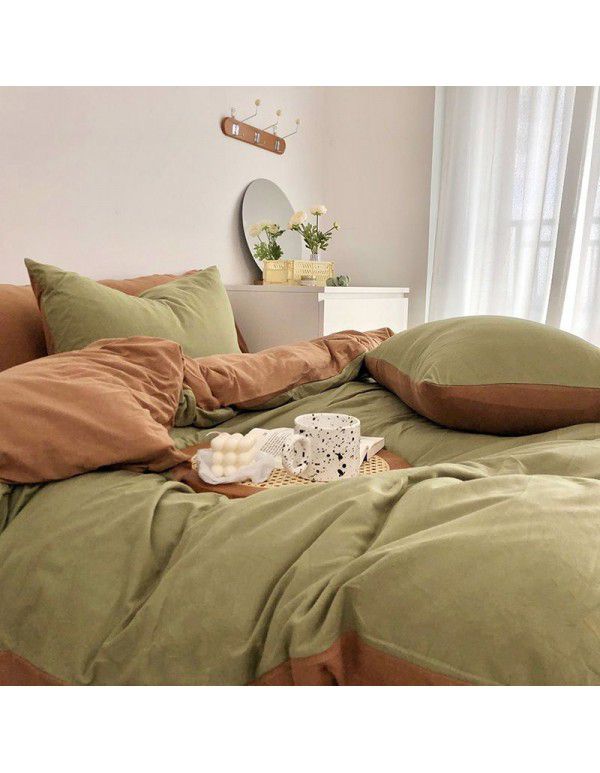 Autumn and winter new color contrast knitted cotton four piece set simple plain color quilt cover pillowcase bed sheet fitted sheet set wholesale