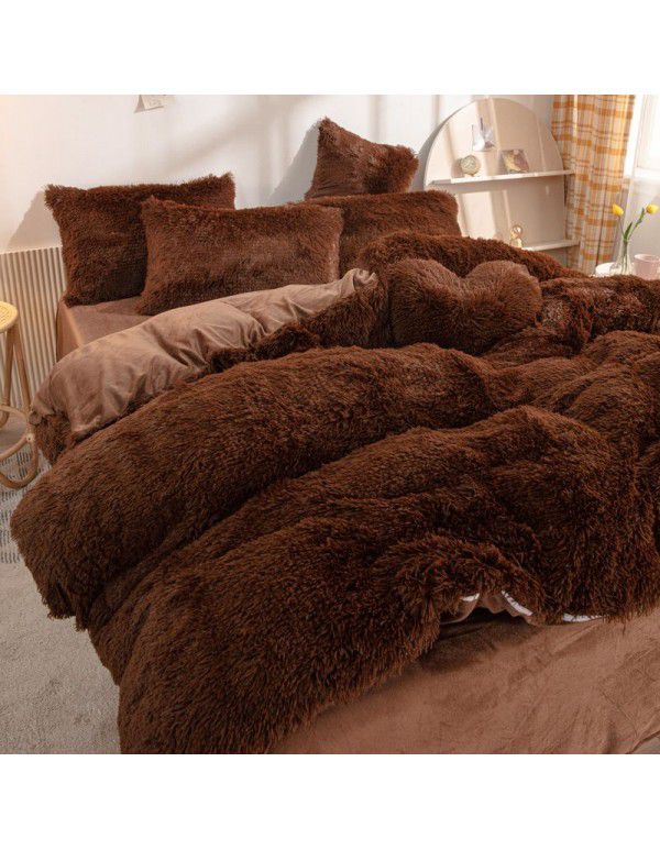 Mink four piece warm and comfortable princess style long plush three piece solid color bed sheet