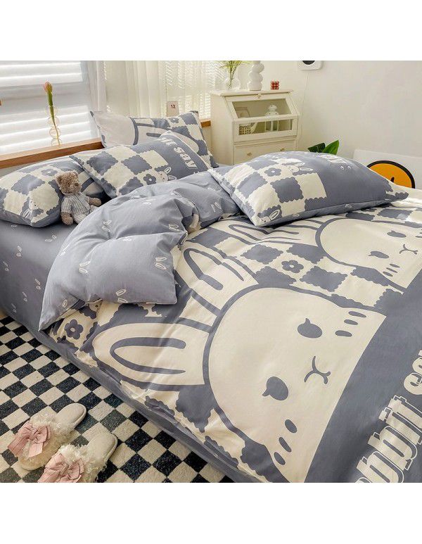 Ins style pure cotton bedding four piece set 100 cotton cartoon dormitory bed sheet three piece set children's fitted sheet quilt cover